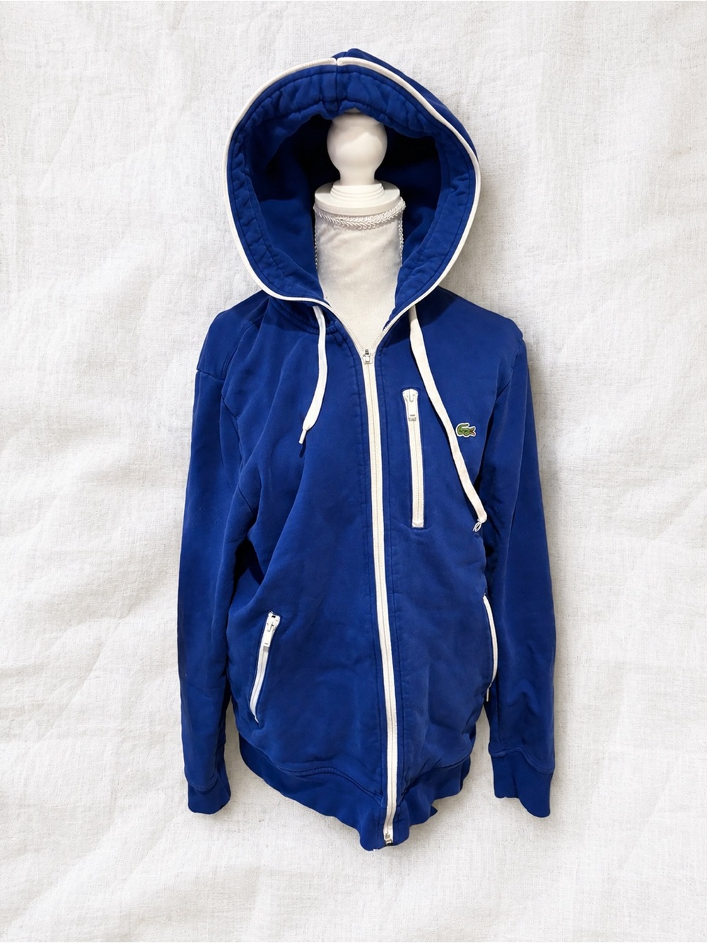 Lacoste Women’s Blue Full Zip Hoodie Size 6 White Trim Crocodile Logo
